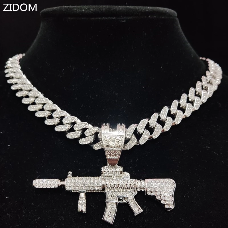 Men Women Hip Hop Iced Out Bling Submachine Gun Pendant Necklace with 13mm Miami Cuban Chain HipHop Necklaces Fashion Jewelry