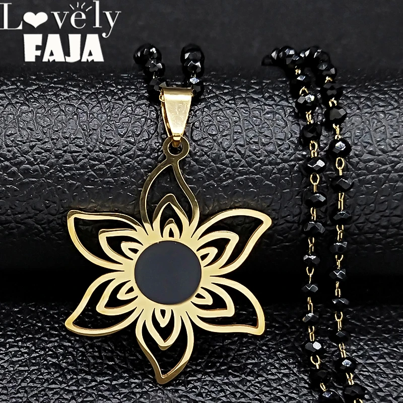 2021 Stainless Steel Gold Color Flower Necklace for Women Black Color Chain Necklace Jewerly acero inoxidable joyeria N1155S03