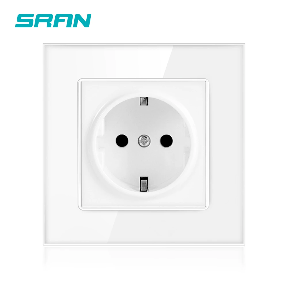 SRAN Power Socket,16A EU Standard Electrical Outlet  86mm*86mm White Crystal Glass Panel wall socket