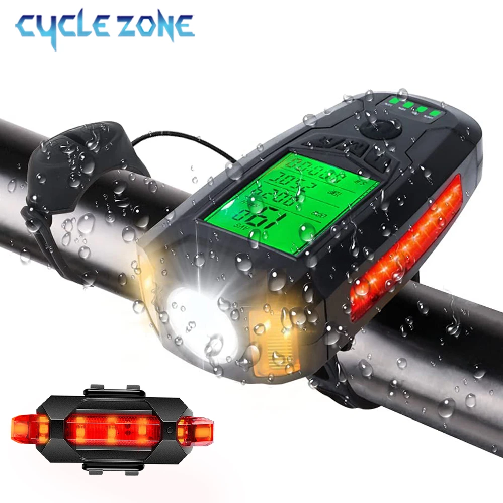 Bike Light Set with Speedometer USB Rechargeable Headlight Super Bright Front 5 Lighting Modes for Commuting and Road Cycling