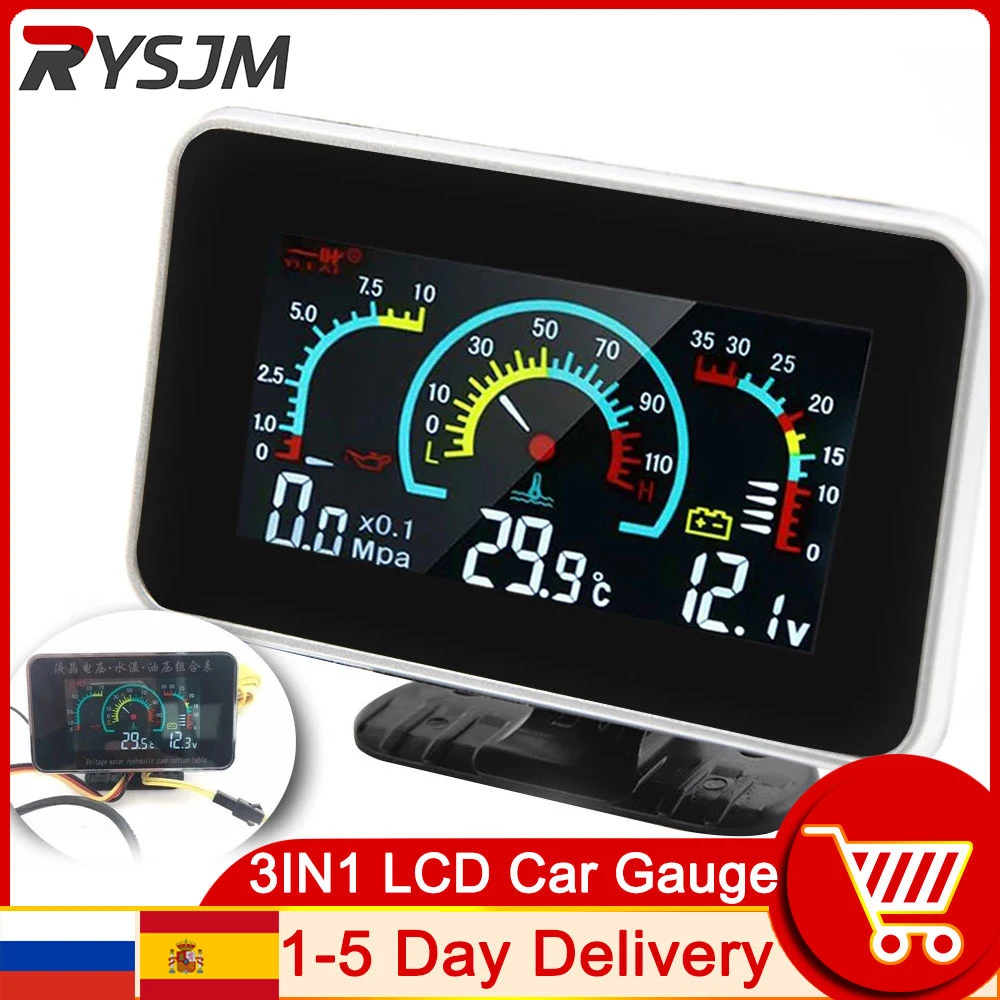 3 In 1 LCD Car Digital Oil Pressure Gauge Voltmeter Water Temp Meter 1/8 NPT Oil Pressure Sensor + Water Temperature Sensor 10mm