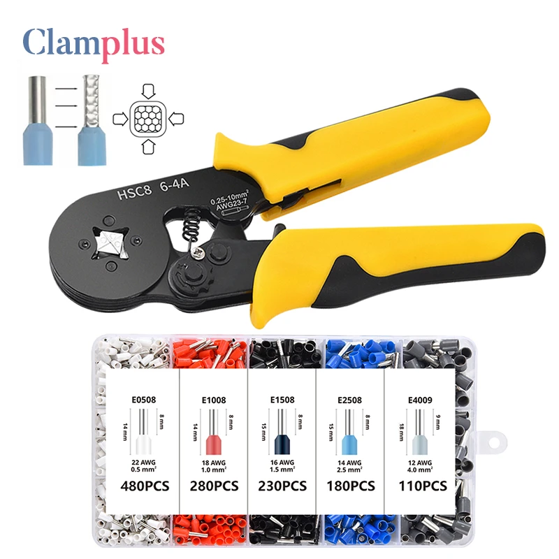 HSC8 6-4 Terminal Crimping Pliers Wire Stripper Crimper Ferrule crimping tool Pliers Set+ 1200 Terminals Kit