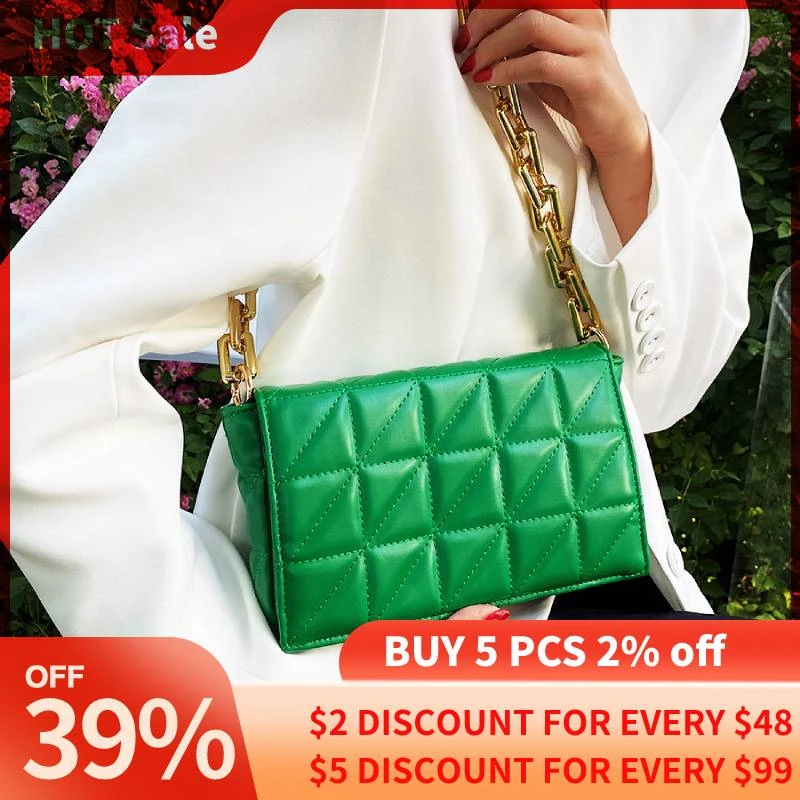 Quilting PU Leather Crossbody Bag for Women 2021 Summer Travel Trends Shoulder Bag Purses and Handbags Thick Chain Green Ladies