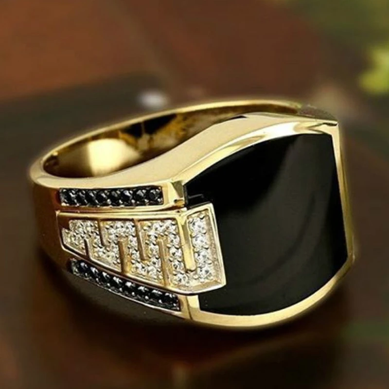 New Hot Sale Fashion Retro Ethnic Style Square Black Mirror Domineering Men's Ring Whole Sale rings