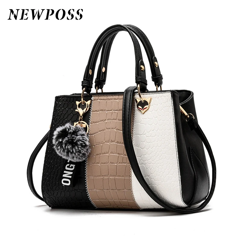 Newposs Women's Handbags Leather Stitching Wild Bags for Women 2021 Casual Tote Ladies Bags Bolsos Fur Women Messenger Bags