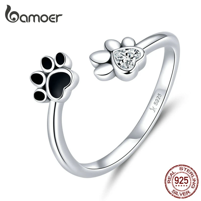 bamoer Sterling Silver 925 Black Enamel Dog Paw Open Adjustable Finger Rings for Women Anti-allergy Jewelry Accessories SCR605