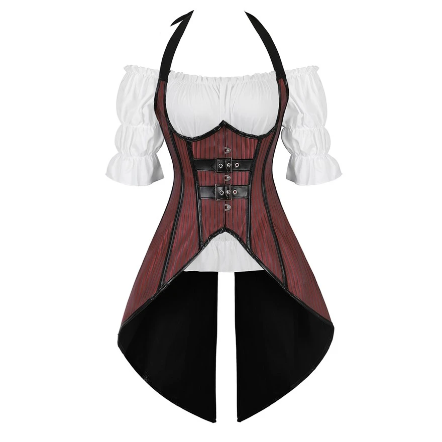 Steampunk Corset Striped Long Straps Bustier Vest Top with White Gothic Blouse Plus Size Burlesque Costume Two Pieces Korsett