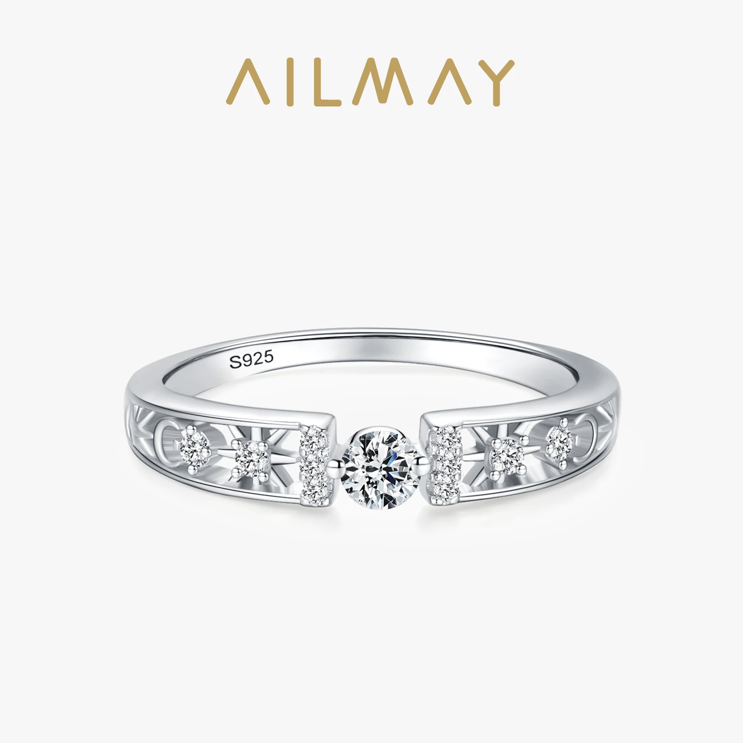 Ailmay 100% Real 925 Sterling Silver Line Clear CZ Finger Rings Geometric Line Rings For Women Classic Wedding Statement Jewelry