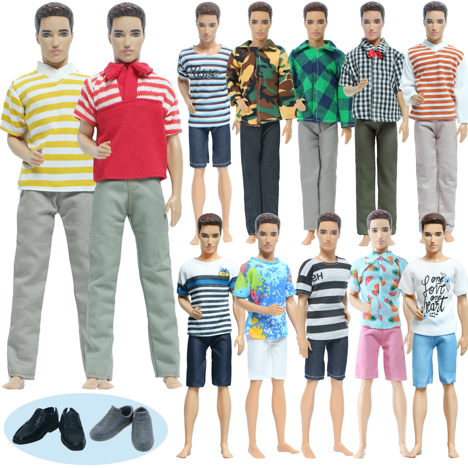 4 Set/Pack 3 Handmade Men's Doll Outfit Pants T-shirt Casual Daily Wear 1 Shoes Slippers Clothes for Barbie Doll Ken Accessories