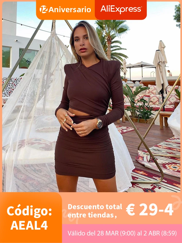 FSDA 2021 Hollow Out Bodycon Dress Mini Women Brown Autumn Winter Sexy O Neck Long Sleeve Elegant Party Dresses Black Club