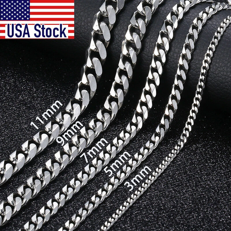 3-9mm Men's Silver Color Necklace Stainless Steel Cuban Link Chain for Men Women Basic Black Gold Tone Chokers Jewelry KNM07