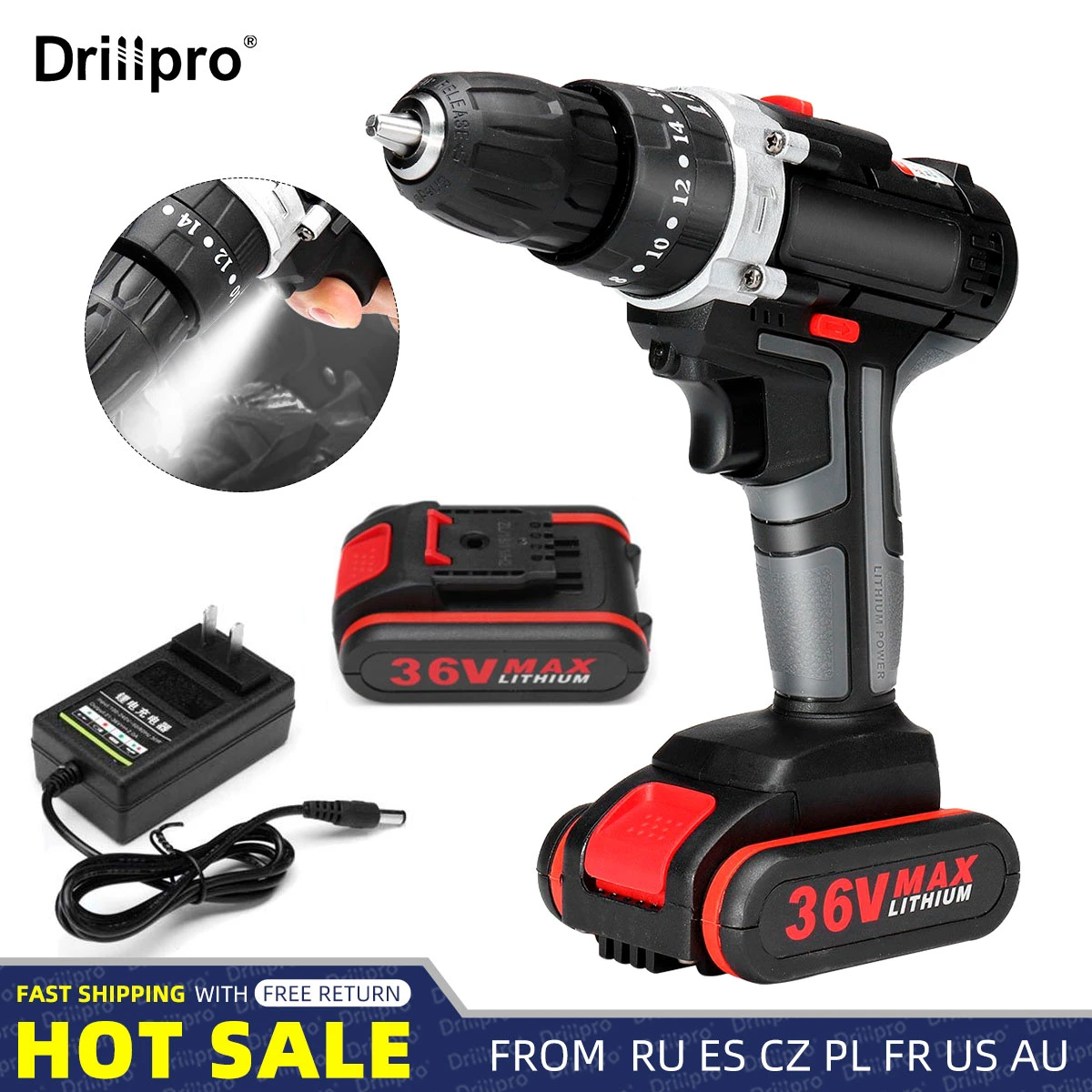 Drillpro 36V Mini Cordless Electric Drill Screwdriver 25+3Torque With LED Working Light Power Tools+ 1/2 pcs Lithium-Ion Battery