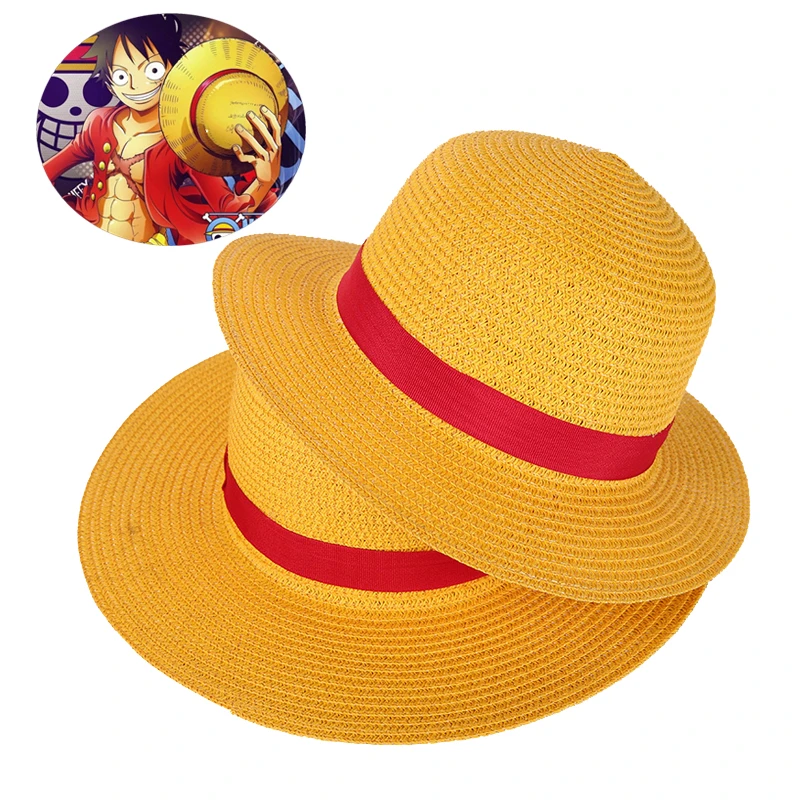 Boy Girl One Piece Cap Straw Hat Neck String Luffy Flat Hats Cosplay Japanese Cartoon Props Hat Kid Red Stripe Beach Hat YF001