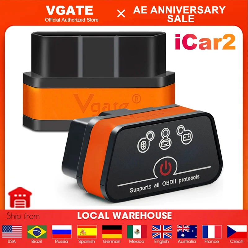 Vgate iCar2 obd2 bluetooth scanner ELM327 V2.1 obd 2 wifi icar 2 car tools elm 327 for android/PC/IOS code reader free shipping