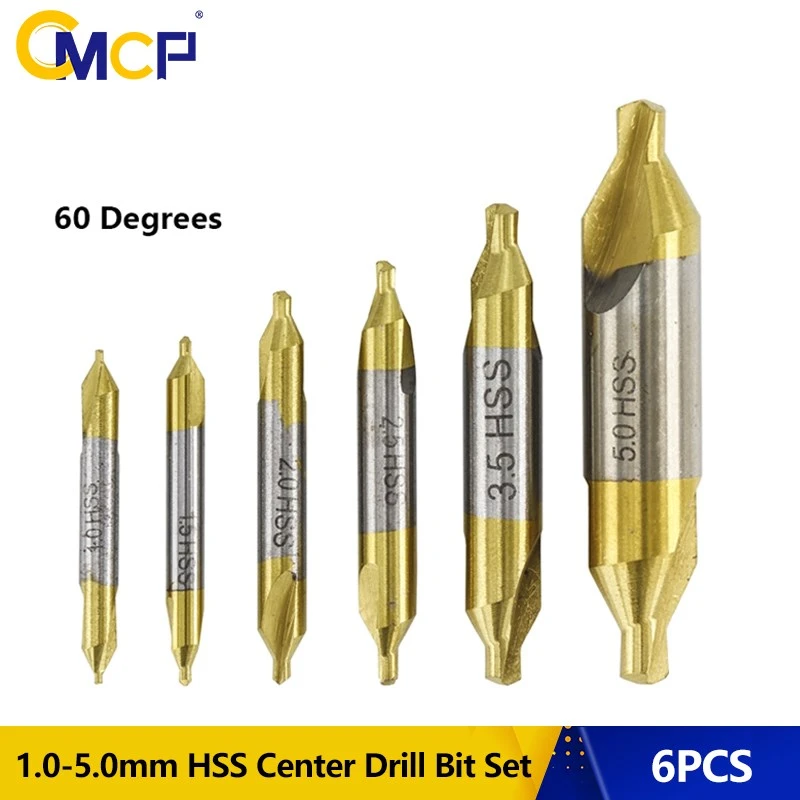 CMCP 6pcs HSS Center Drill Bits Set TiN Coated Combined Countersinks Drill 1.0-5.0mm 60 Degree Hole Cutter For Metalworking Tool