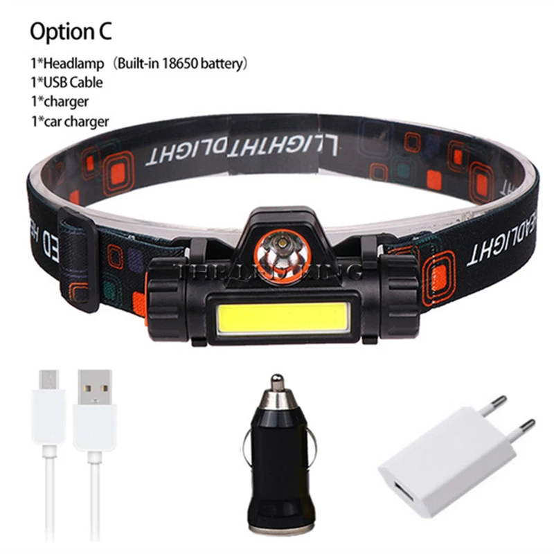 Portable mini Powerful LED Headlamp XPE+COB USB Rechargeable Headlight Built-in Battery Waterproof Head Torch Head Lamp