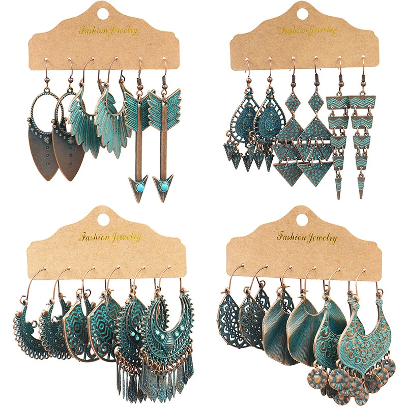 Vintage Ethnic New Big Fanshape Bronze Earrings Set For Women Bohemian Multilayer Tassel Geometric Triangle Drop Earring Jewelry