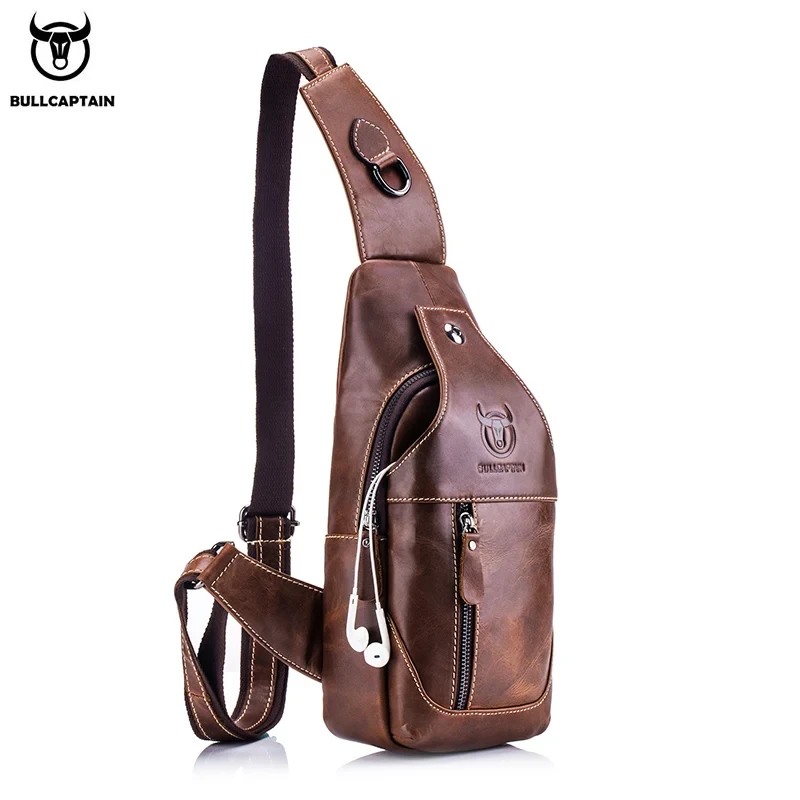 BULLCAPTAIN  leather messenger bags men's casual bag for men chest bag brand designer Multi-function headphone jack chest pack