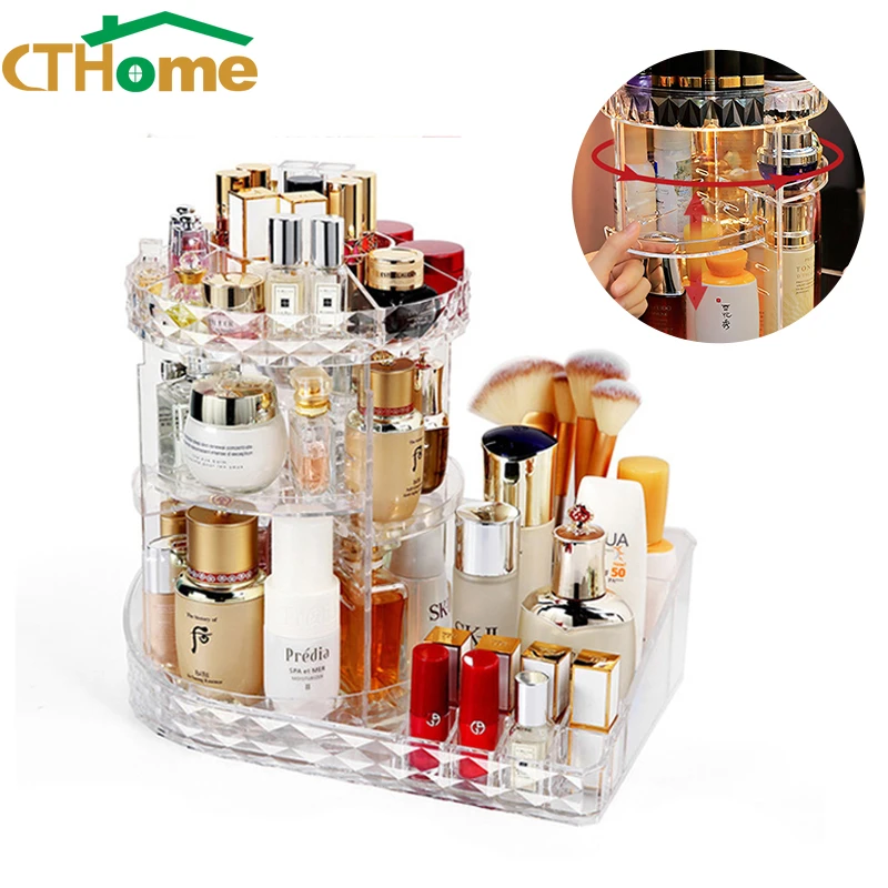 Cosmetic Storage Box 360 Degree Rotating Makeup Storage Rack Fashion Crystal Drawer Organizer Shelf Display Stand Large Capacity