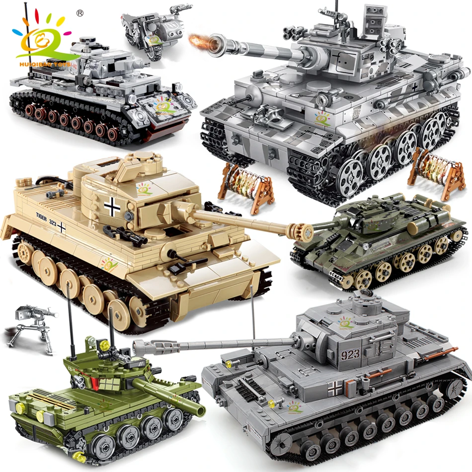 HUIQIBAO Military German King Tiger Tank Model Building Blocks Army WW2 Soldier Figures Man Weapon Bricks Children Boy Toys Gift