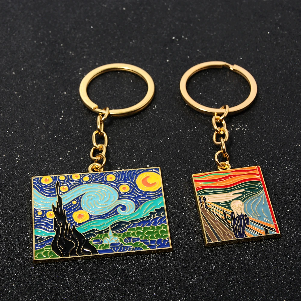 The Starry Night Oil Painting Keychain Van Gogh Art Collection Key Chain for Women Men Car Keyring Jewelry