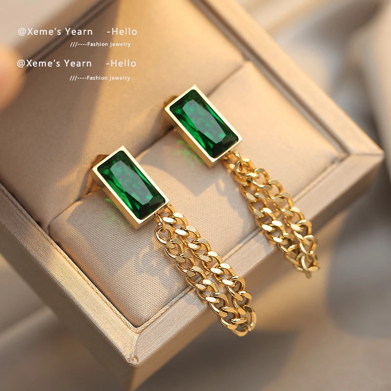 2021 New Classic Geometric Rectangle Green Crystal Stainless Steel Chain Tassel Earrings Girl's Unusual Accessories For Woman