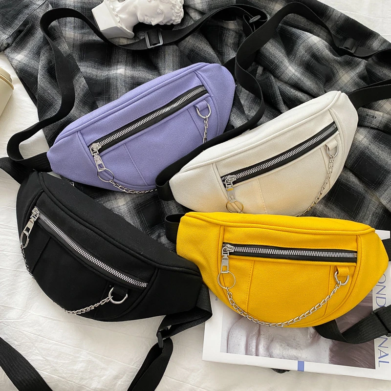 New Women Chain Waist Bag Ladies new Designer Canvas Fanny Pack Fashion Travel Money Phone Chest Banana Bag Female Bum Belt Bags