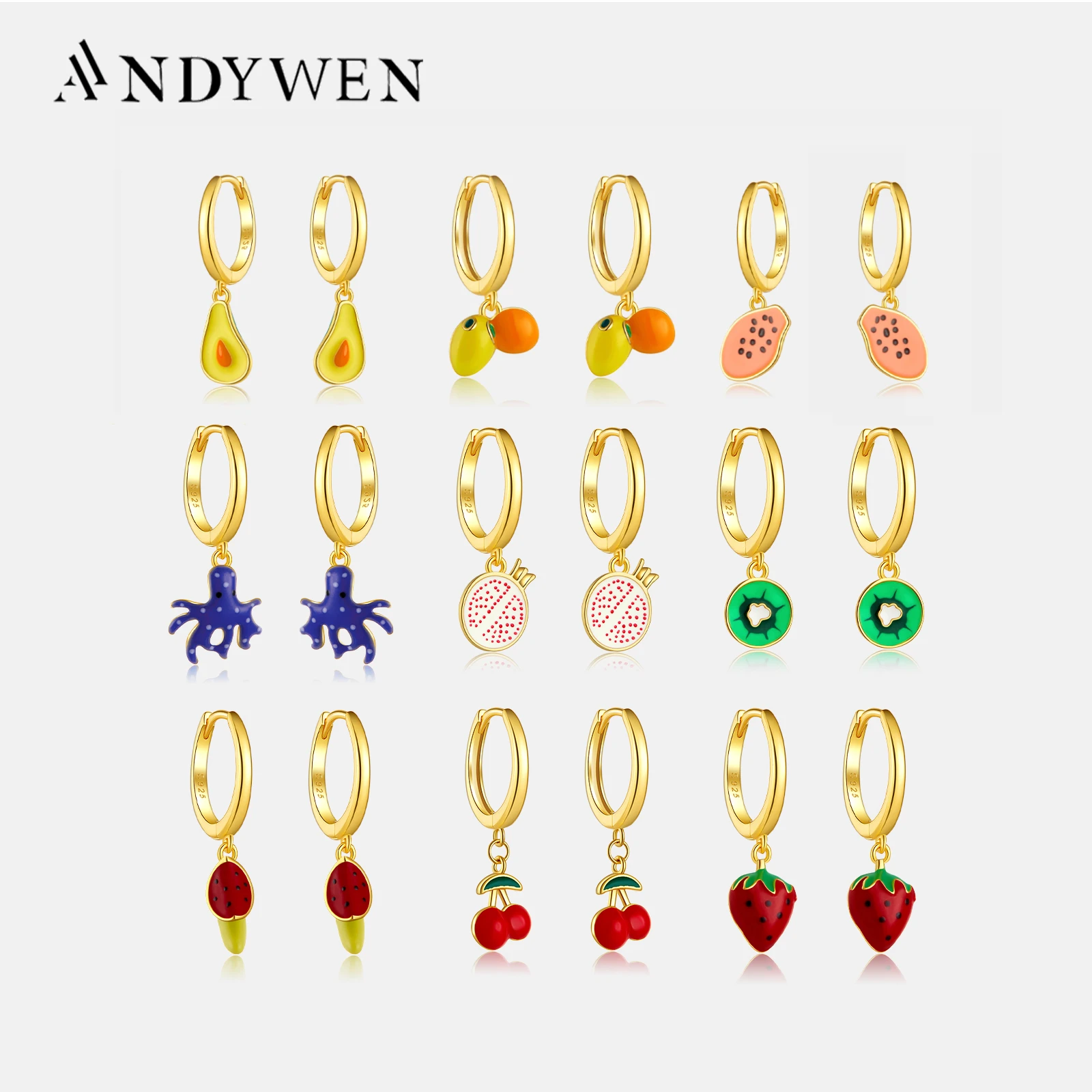 ANDYWEN 925 Sterling Silver New Aros Papaya Fruits Dangle Charm Drop Earring Aros Papaya Aros Papaya Circle Loops Piercing Clips