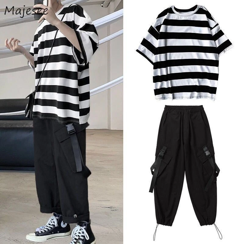 Men Sets Striped Ankle-length Trousers Plus Size 3XL Summer Korean Hip-hop Chic Leisure Fashion Loose Safari-style Teens New Ins