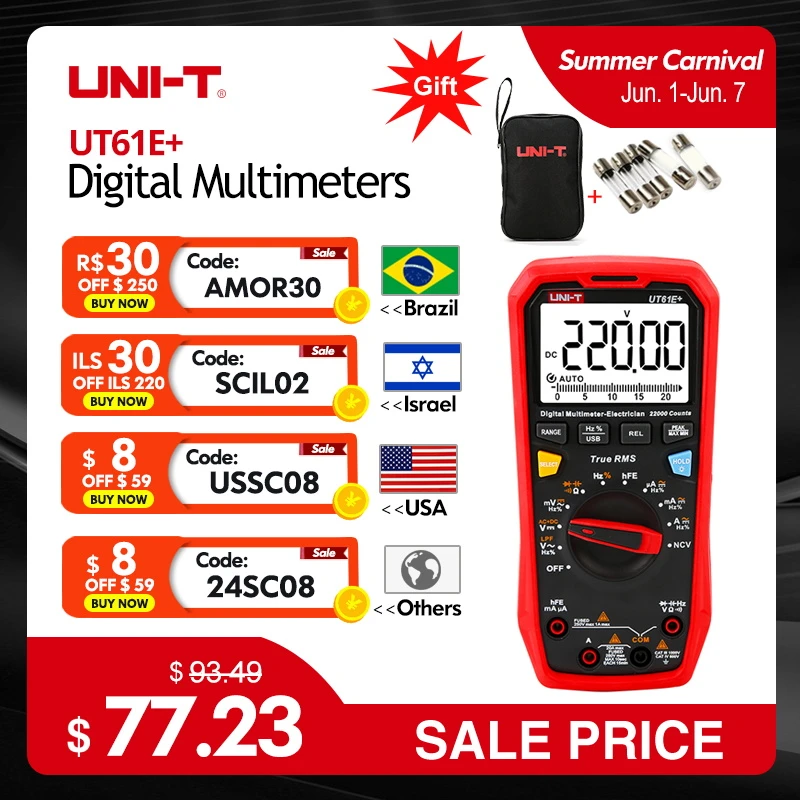 UNI-T Professional Multimeter Digital UT61B+ UT61D+ UT61E+ DC AC 1000V 60mF/220 mF Capacitance Test True RMS Auto Range Meter