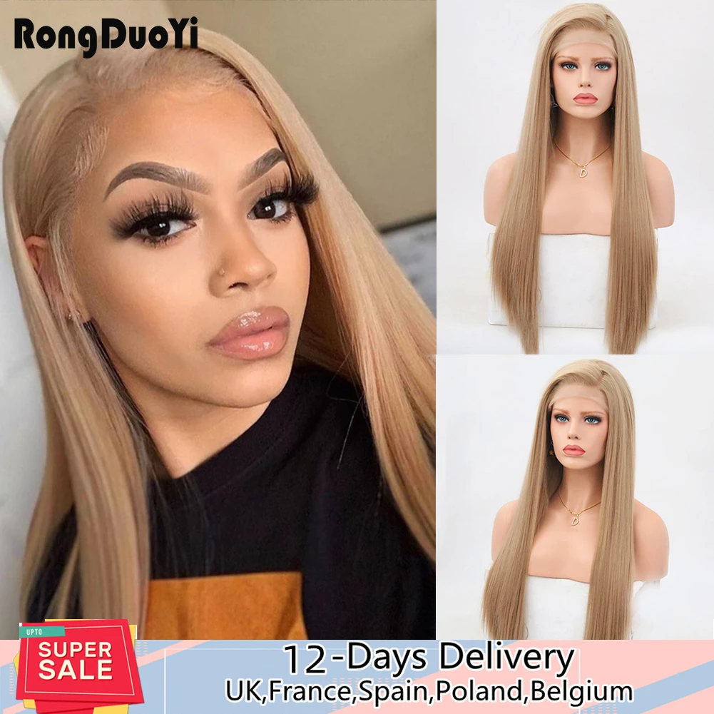 RONGDUOYI Long Silky Straight Lace Wig Synthetic Lace Front Wigs for Women Ash Blonde Wig High Temperature Fiber Cosplay Wigs