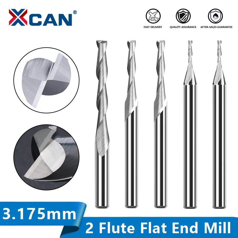 XCAN 2 Flute Flat End Mill 10pcs 3.175 Shank Spiral CNC Router Bit for Engraving 0.8-3.175mm Carbide Milling Cutter