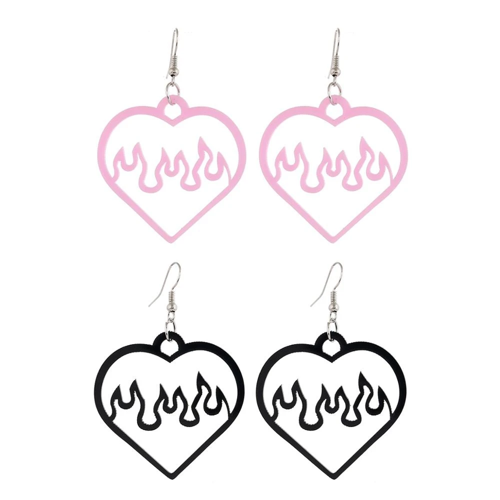 Black Pink Big Peach Heart Hollow Out Acrylic Earrings for Women Cool Fashion Flame Dangle Earrings Lovely Summer Ear Jewelry