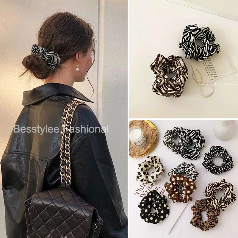 Vintage Leopard Scrunchies Zebra Pattern Hair Rope Women Girls Dot Hair Ties Ponytail Holder Elastic Hair Band Hair Accessories