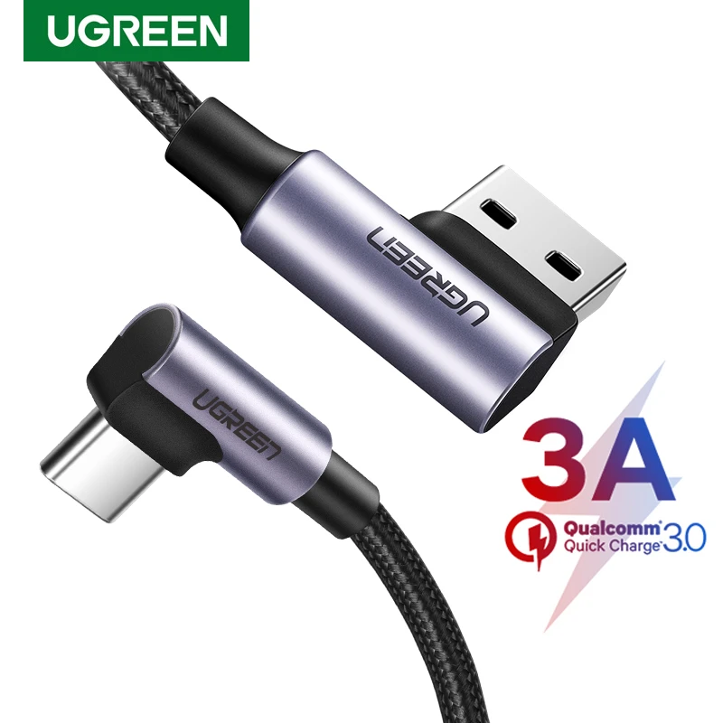 Ugreen 3A USB Type C Cable QC 3.0 Fast Charger USB C Cable For Samsung Galaxy S20 Xiaomi Mi 8 90 Degree Mobile Phone USB Cord
