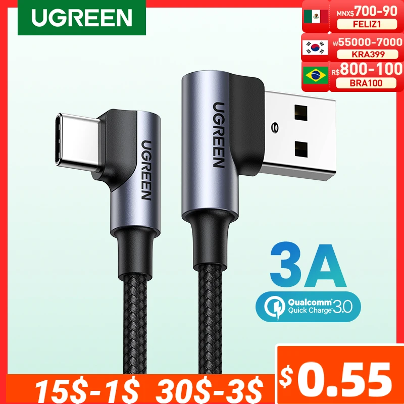 UGREEN Nylon USB C Cable 90 Degree Fast Charger USB Type C Cable for Xiaomi Mi 8 Samsung Galaxy S10 Plus Mobile Phone USB-C Cord