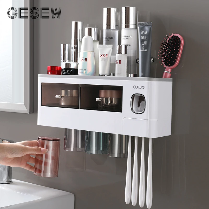 GESEW Toothbrush Holder For Bathroom Multifunction Household Item Auto Toothpaste Squeezer Storage Shelves Bathroom Accessories