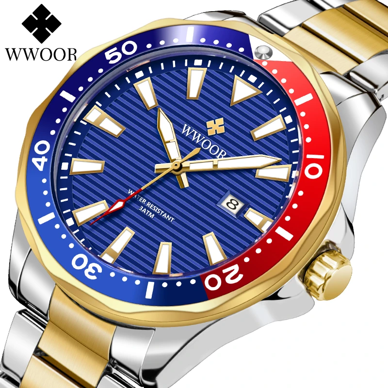 WWOOR 2021 New Luxury Military Gold Watch Mens Sports Diver Quartz 30ATM Waterproof Luminous Date Wristwatches Relogio Masculino