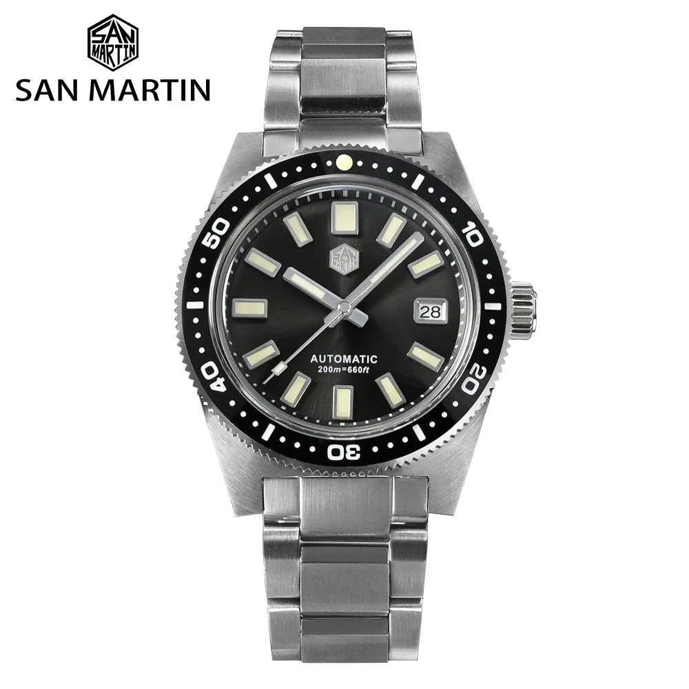 San Martin 62mas V4 41mm Diver Mens Watch Sapphire Glass Applied Logo NH35 Automatic Mechanical Watches Bracelet Date 20Bar Lume