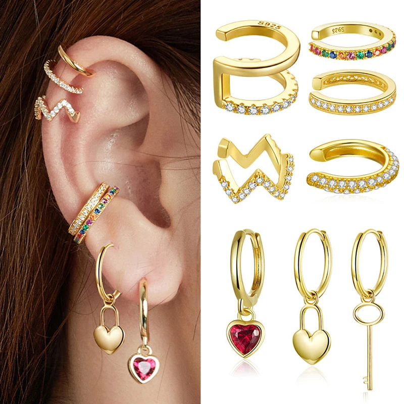 bamoer Mono-earring Gold Ear Cuff 925 sterling silver Gold Colors Circle Earrings ear clip Hoop Earrings for kids women Wedding