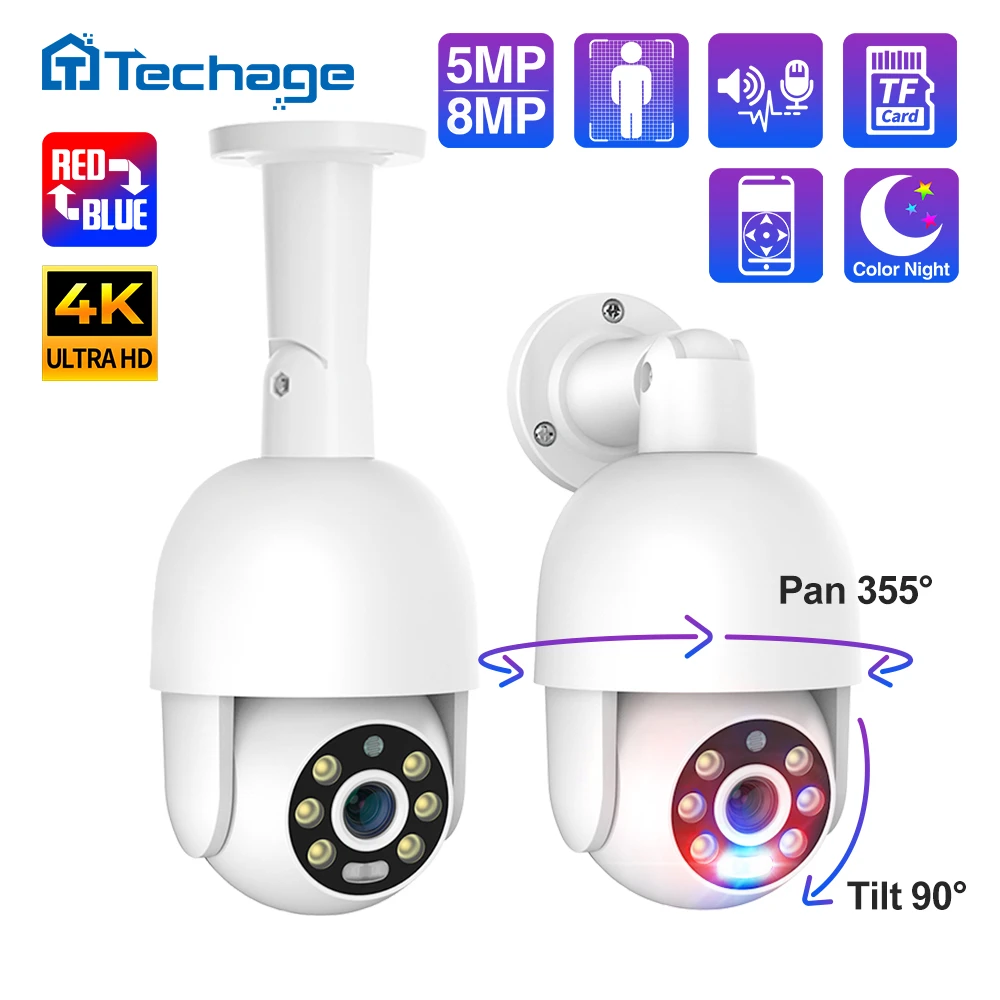 Techage 5MP Security POE IP Camera 1080P PTZ Dome Video Camera Outdoor Ai Human Detect Two Way Audio 2MP Camera XMEye TF Card