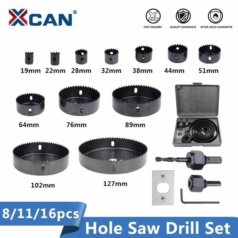 XCAN Wood Drill Bit Set 8/11/16pcs Hole Saw Drill Cutter Carbon Steel Wood Core Drill Bit Hole Cutter Drilling Tools