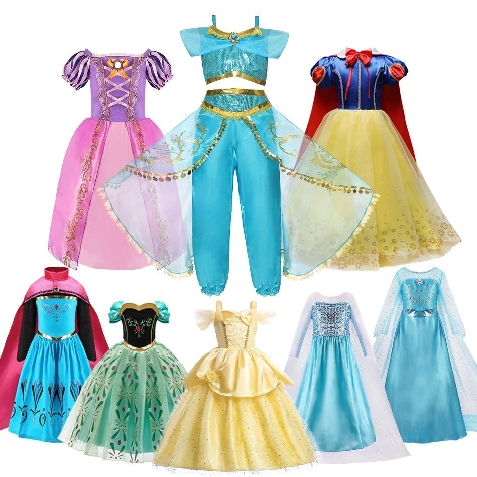 Girls Princess Costume Elsa Anna Mermaid Jasmine Belle Snow White Dress Kids Baby Girl Birthday Party Halloween Dress 2-10 Years