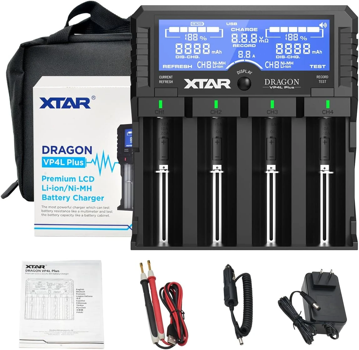 XTAR DRAGON VP4 PLUS Smart Battery Charger Set Pouch Probe Adapter Car Charger Fast Charging For Batteries 18650 Battery Charger