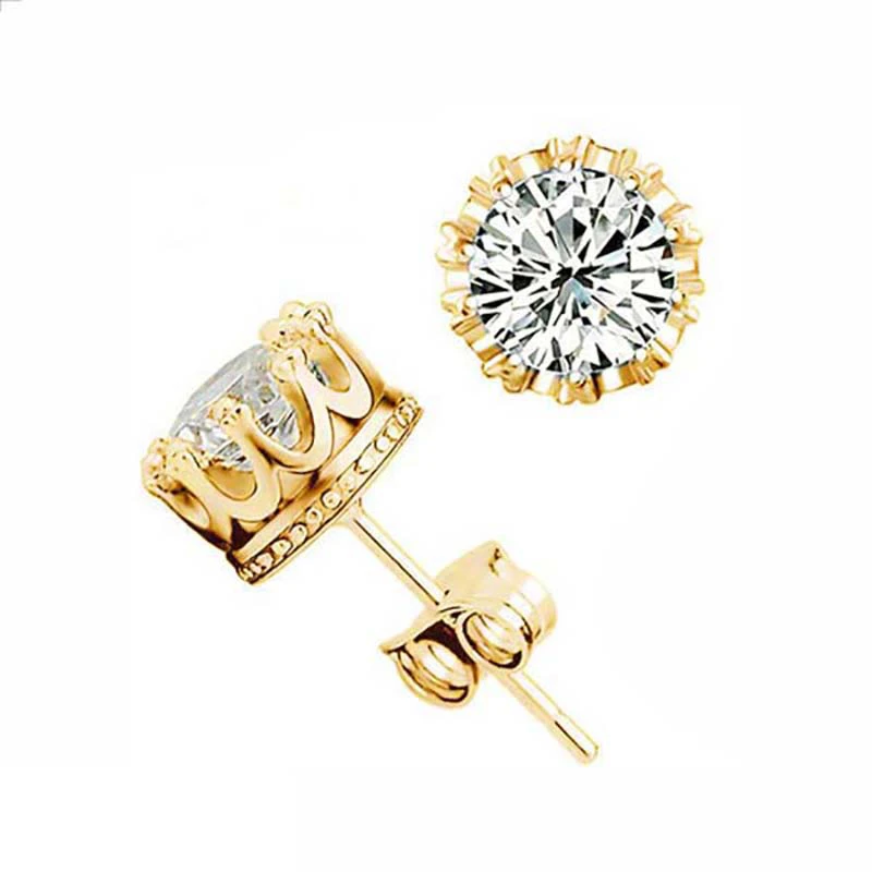 Fashion Jewelry Crown Women Classic Shining Zircon Small Stud Earrings Gold Color Ears Stud For Men Crystal Earrings WE132