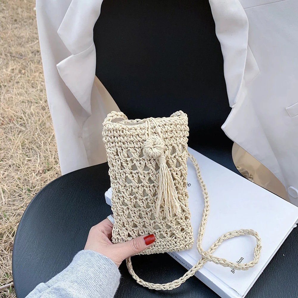 Beach Mobile Phone Bag 2021 Summer Mini Crossbody Vintage Female Handmade Straw Tassel Bag Girls Small Shoulder Bag 20x12cm