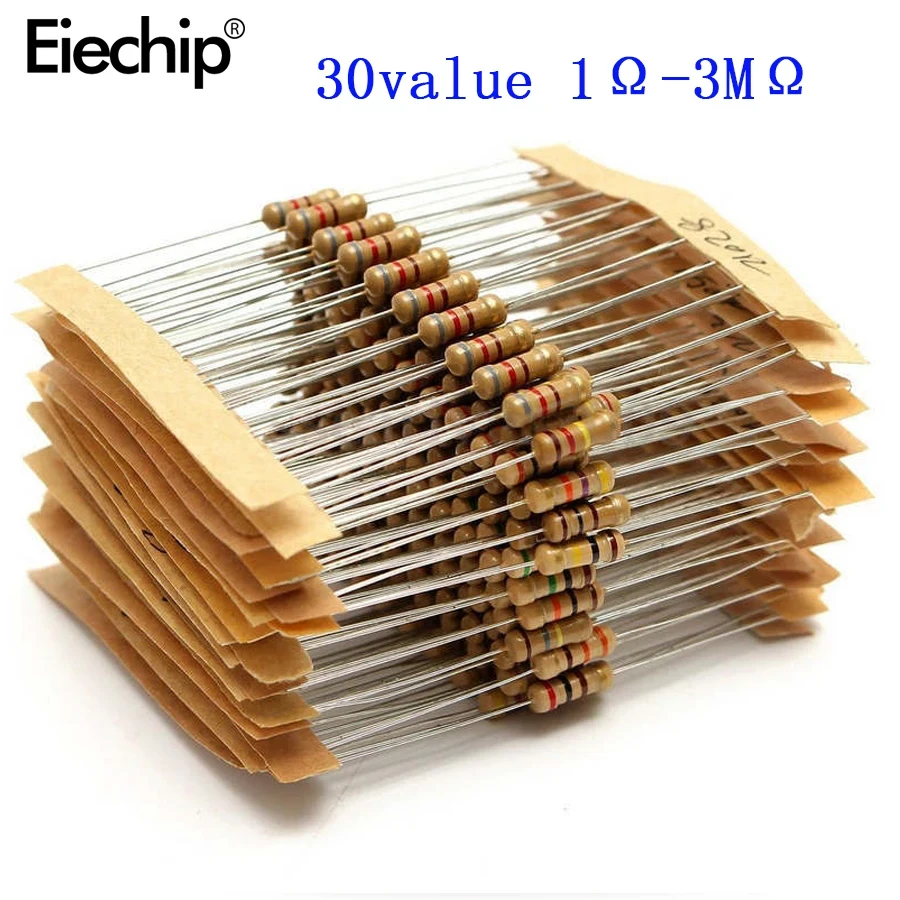 300pcs 30value Rang 1ohm-3M ohm 1/2W Carbon Film Metal Resistors Assortment Kit Set NEW 30 Values Resistor Hot Sale
