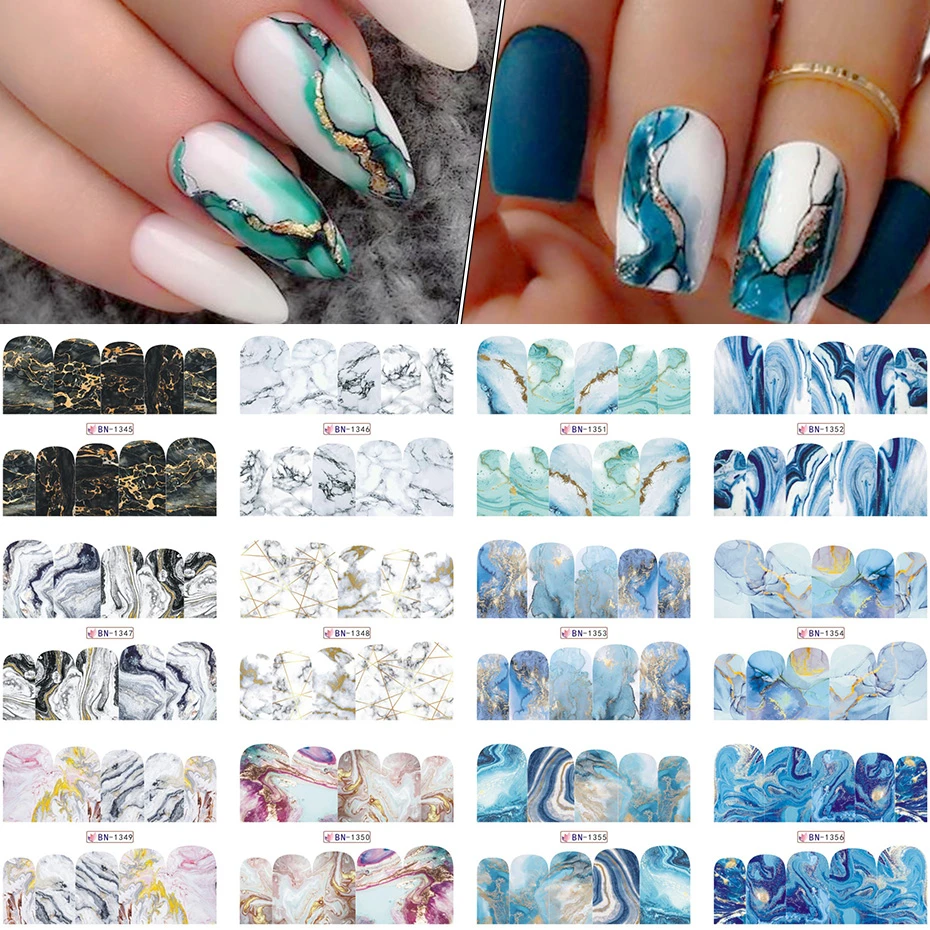 12pcs Gradient Marble Nail Stickers Flower Letter Leopard Cartoons Sliders for Nails Anime Water Transfer Decals SABN1345-1356