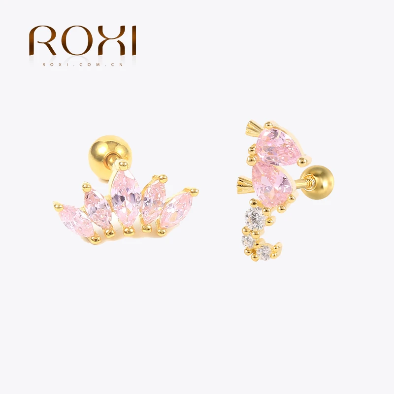 ROXI 925 Sterling Silver Earrings For Women Minimalist Pink Series Cz Huggie Piercing Earrings For Teens Party Fine Jewelry Gift