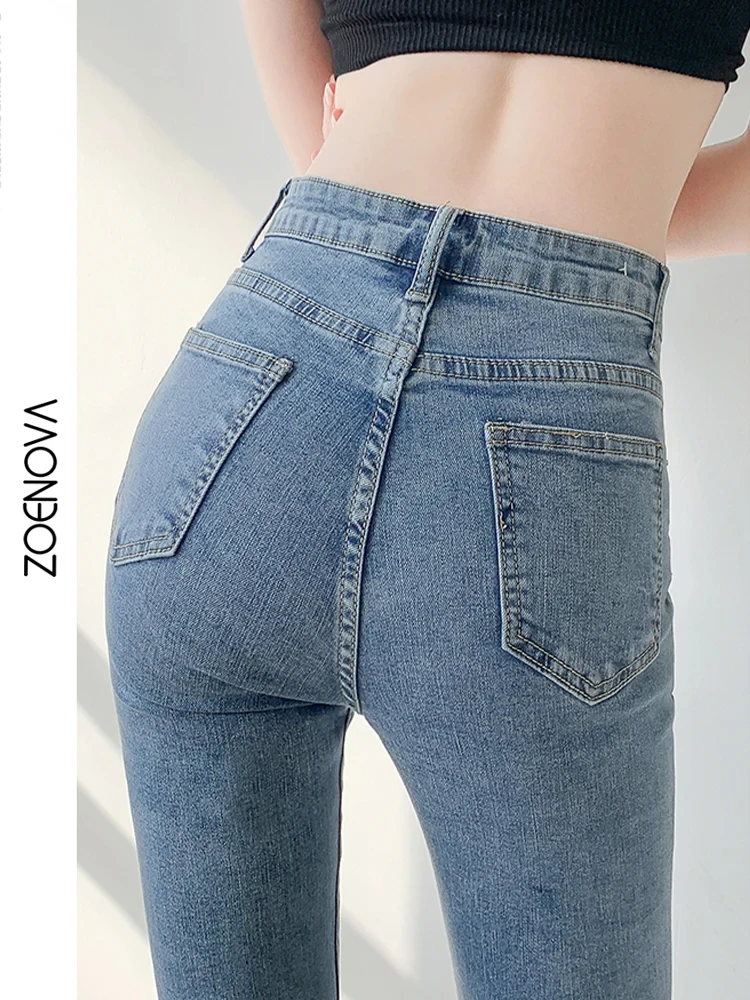 Jeans Women Solid Blue Sexy Slimhigh Waist Jean Simple Ladies  Full Length Mom Cowboy Denim Flared Pants Mujer 2021 Autumn New